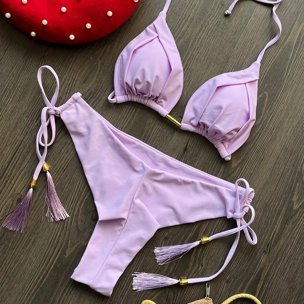 2024 sexy women bikini, brazilian triangle bikini, push-up swimsuit, metal chain beach bikini