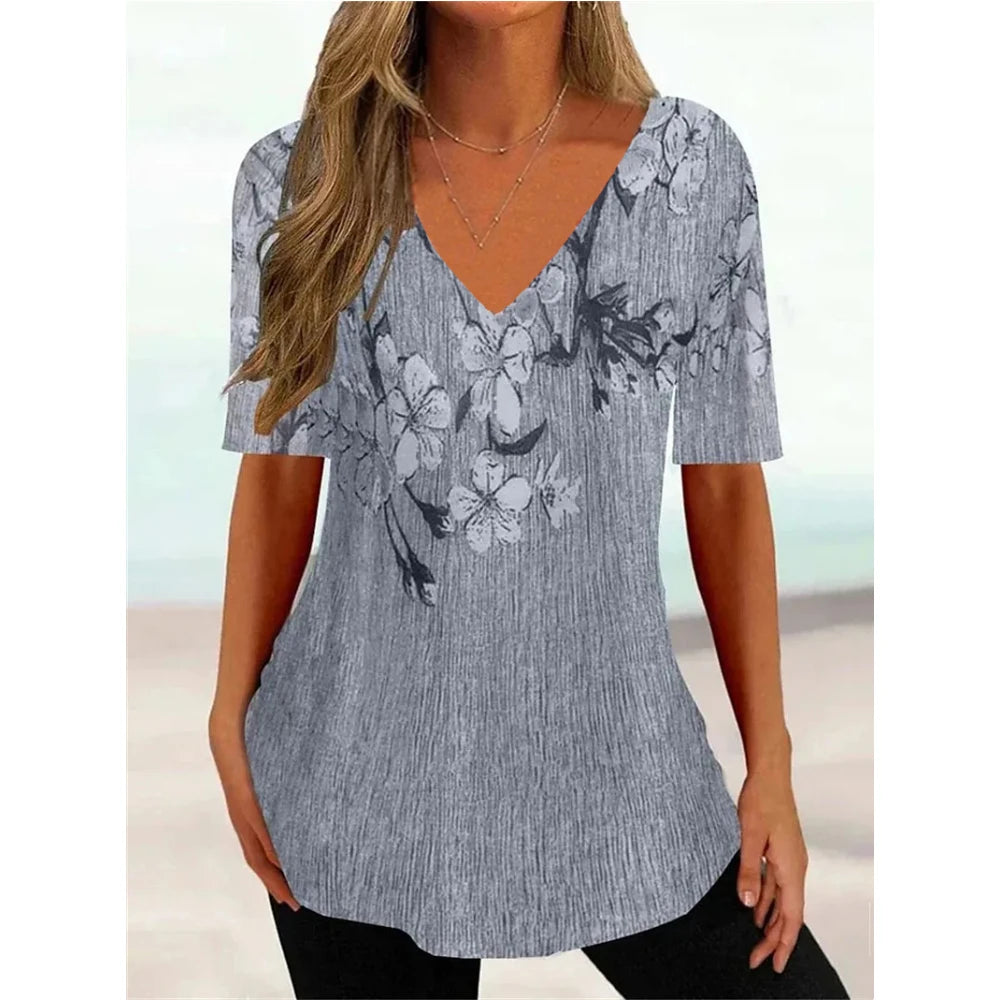 Women's T Shirt Stripe Gradient Relaxed Ladies Clothes Blouse V-Neck Fashion Short Sleeve Tees Female Oversized Sweatshirt Loose