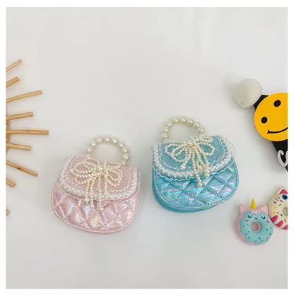 Sweet Cute Bow Children's Shoulder Bag Pearl Handle Baby Girls Small Crossbody Bags Lovely Princess Accessories Purse Handbags