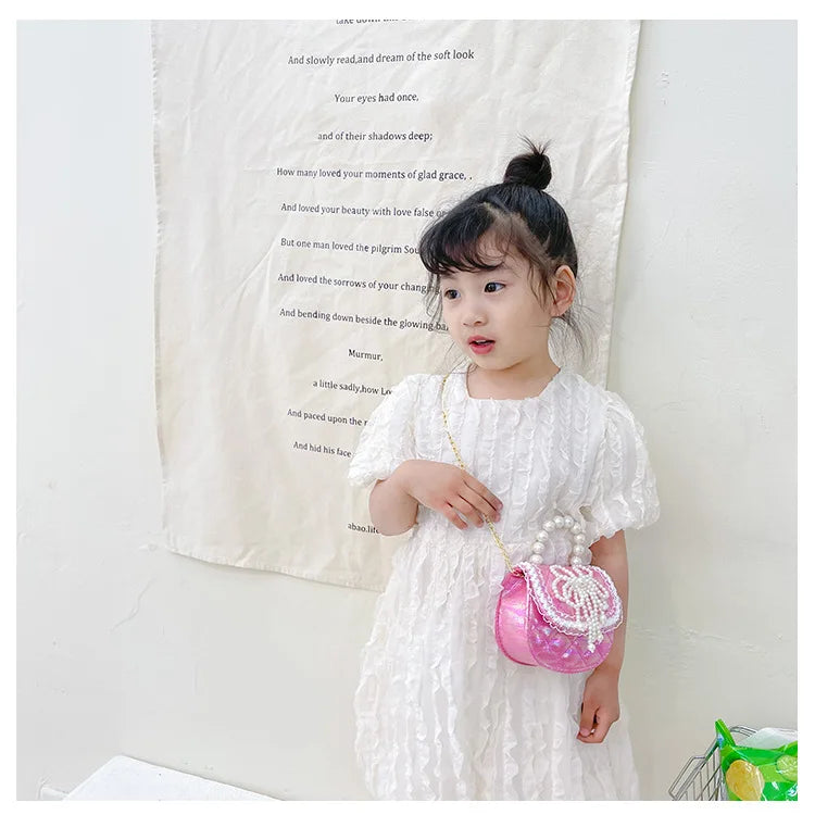 Sweet Cute Bow Children's Shoulder Bag Pearl Handle Baby Girls Small Crossbody Bags Lovely Princess Accessories Purse Handbags