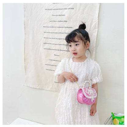 Sweet Cute Bow Children's Shoulder Bag Pearl Handle Baby Girls Small Crossbody Bags Lovely Princess Accessories Purse Handbags