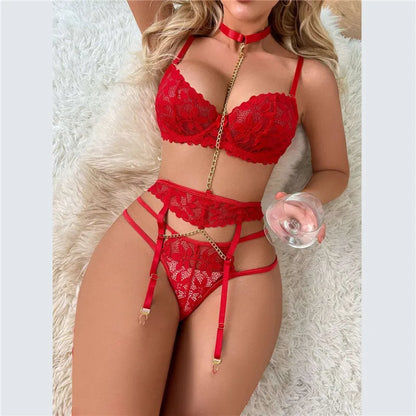 Floral Lace Garter Lingerie Set With Choker Women Intimates 2024 Underwire Bra And Thongs Ladies Underwear Set