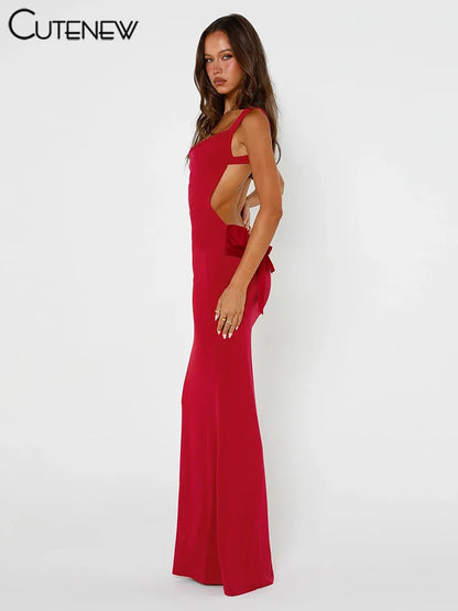 NIBBER Women's Elegant Solid Maxi Dress Sexy Halter Spaghetti Lady Long Dresses Bowknot Lace-up Girl Backless Female Party Robe