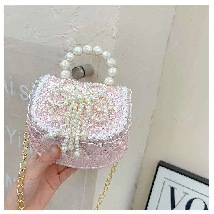 Sweet Cute Bow Children's Shoulder Bag Pearl Handle Baby Girls Small Crossbody Bags Lovely Princess Accessories Purse Handbags