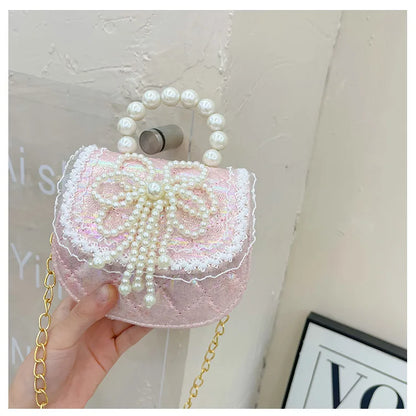 Sweet Cute Bow Children's Shoulder Bag Pearl Handle Baby Girls Small Crossbody Bags Lovely Princess Accessories Purse Handbags