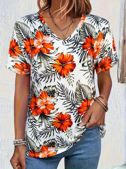 Women's T-Shirt Retro Floralelegant V-Neck Short Sleeve Summer Casual Top Loose Casual Ladies T-Shirt Fashion T-Shirt Clothes