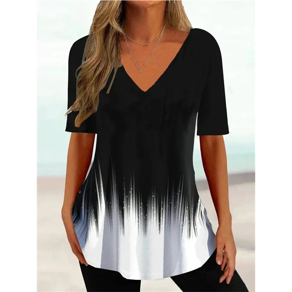 Women's T Shirt Stripe Gradient Relaxed Ladies Clothes Blouse V-Neck Fashion Short Sleeve Tees Female Oversized Sweatshirt Loose