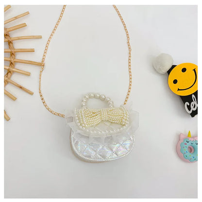 Sweet Cute Bow Children's Shoulder Bag Pearl Handle Baby Girls Small Crossbody Bags Lovely Princess Accessories Purse Handbags