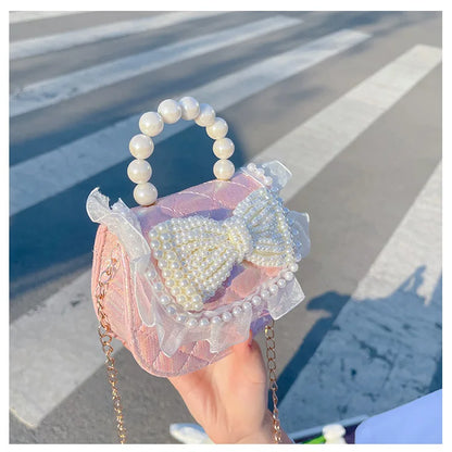 Sweet Cute Bow Children's Shoulder Bag Pearl Handle Baby Girls Small Crossbody Bags Lovely Princess Accessories Purse Handbags
