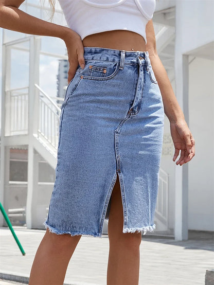 Denim Skirts For Women Jeans High Waist Frayed Raw Hem A Line Flare Skirt With Pockets Summer Wrapped Hip Skinny Slit Skirt