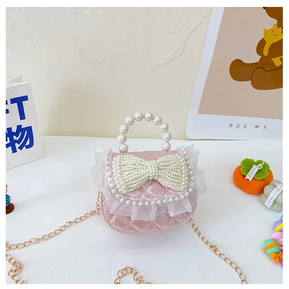 Sweet Cute Bow Children's Shoulder Bag Pearl Handle Baby Girls Small Crossbody Bags Lovely Princess Accessories Purse Handbags