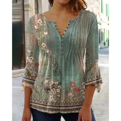 New Fashion Women's T-Shirt Tee White Floral Button Short Sleeve Summer 3D Printed Basic V-Neck Loose Casua Size Top Clothing