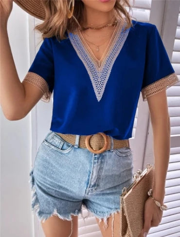 Women's Blouses Spring Summer Latest 2025 V-Neck Lace Casual Solid Color Shirt Short Sleeved T-Shirt Loose Fit Top Pullover
