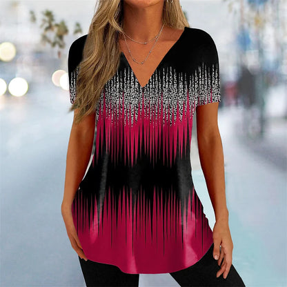 Women's T Shirt Stripe Gradient Relaxed Ladies Clothes Blouse V-Neck Fashion Short Sleeve Tees Female Oversized Sweatshirt Loose