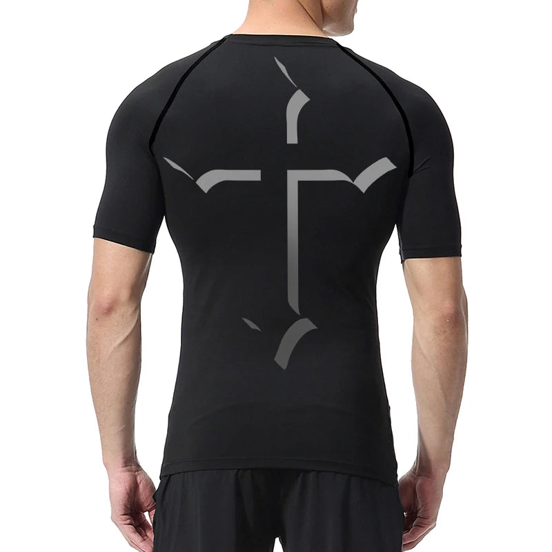 2025Cross Print Compression Shirt for Men Christian Sporty Quick Dry Tshirt Tees Tops Gym Workout Fitness Undershirts Baselayers