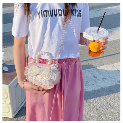 Sweet Cute Bow Children's Shoulder Bag Pearl Handle Baby Girls Small Crossbody Bags Lovely Princess Accessories Purse Handbags