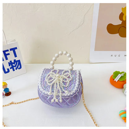 Sweet Cute Bow Children's Shoulder Bag Pearl Handle Baby Girls Small Crossbody Bags Lovely Princess Accessories Purse Handbags