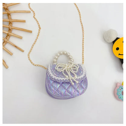 Sweet Cute Bow Children's Shoulder Bag Pearl Handle Baby Girls Small Crossbody Bags Lovely Princess Accessories Purse Handbags