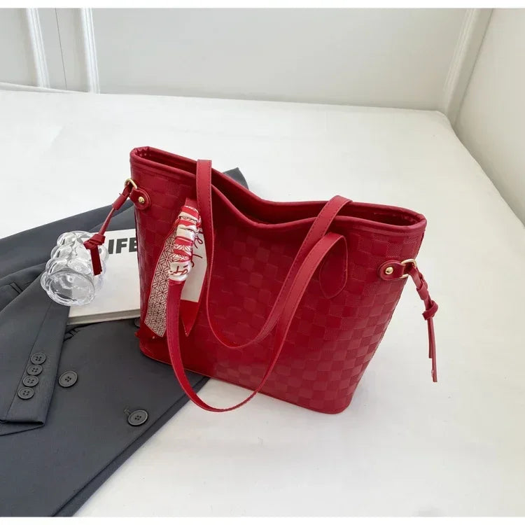 PU 2024 New Women's Bag Fashion Trend Shoulder Bag Leisure Commuter Handbag Minimalist Versatile Design Red Large Capacity
