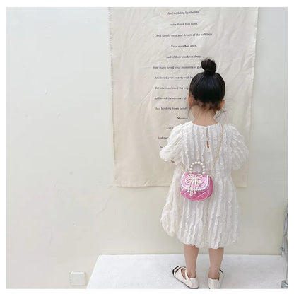 Sweet Cute Bow Children's Shoulder Bag Pearl Handle Baby Girls Small Crossbody Bags Lovely Princess Accessories Purse Handbags