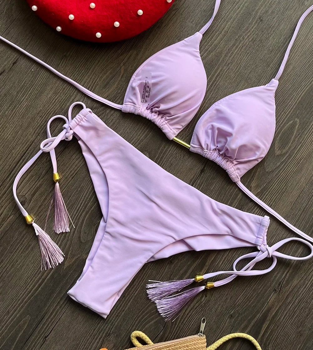 2024 sexy women bikini, brazilian triangle bikini, push-up swimsuit, metal chain beach bikini
