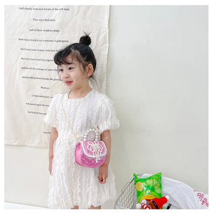 Sweet Cute Bow Children's Shoulder Bag Pearl Handle Baby Girls Small Crossbody Bags Lovely Princess Accessories Purse Handbags