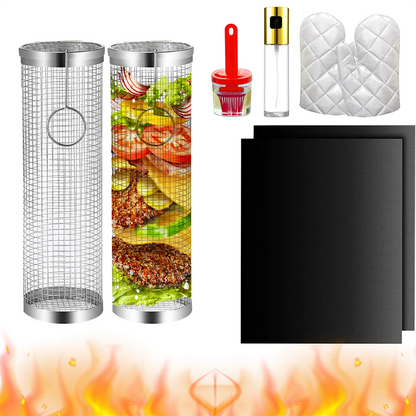 BBQ Basket Stainless Steel Rolling Grilling Basket Wire Mesh Cylinder Grill Basket Portable Round Outdoor Camping Barbecue Rack