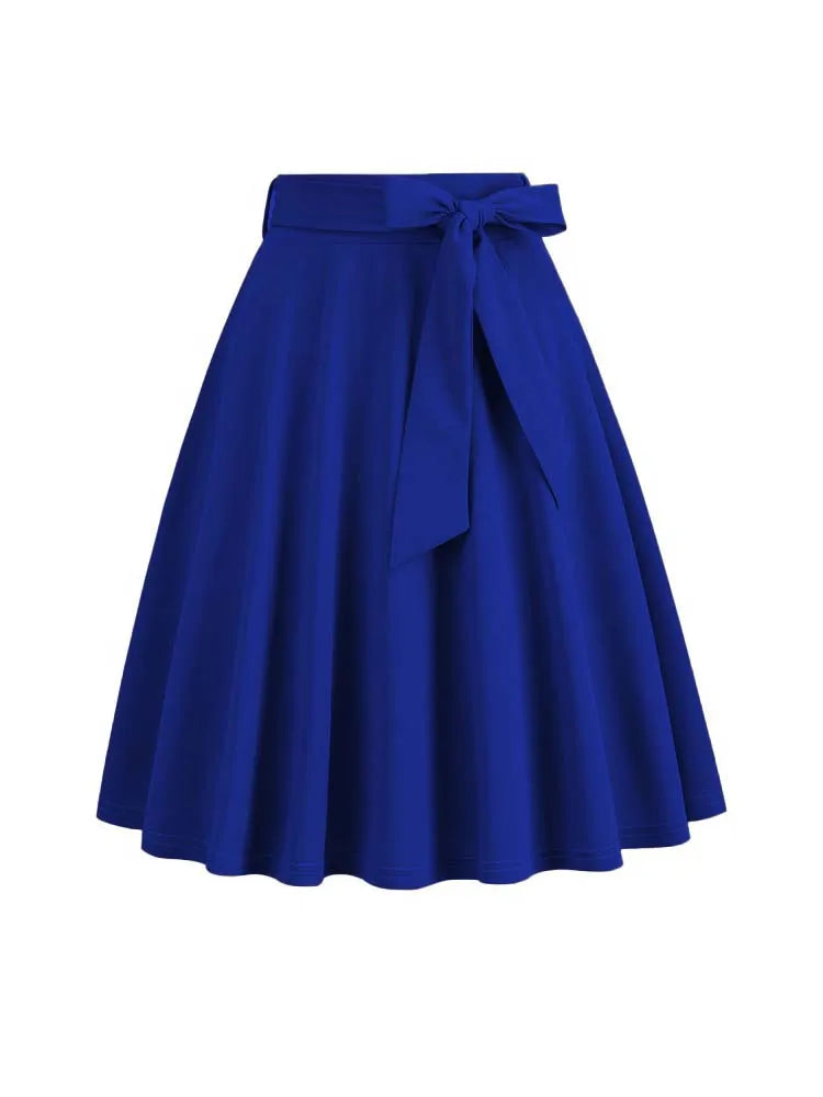 Women Summer Midi Long Skirt Solid Elegant Faldas High Waist A Line 50s Swing Skirts