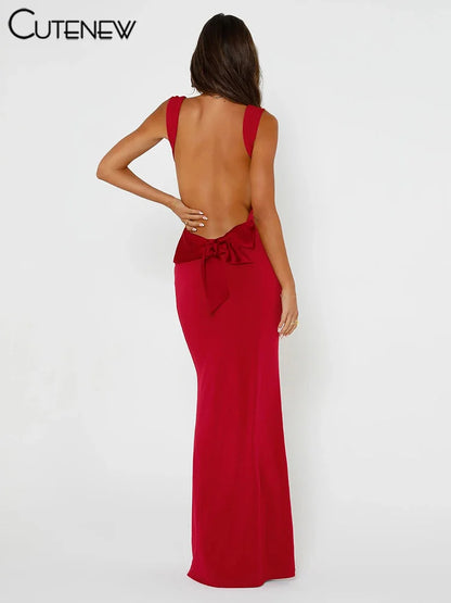 NIBBER Women's Elegant Solid Maxi Dress Sexy Halter Spaghetti Lady Long Dresses Bowknot Lace-up Girl Backless Female Party Robe