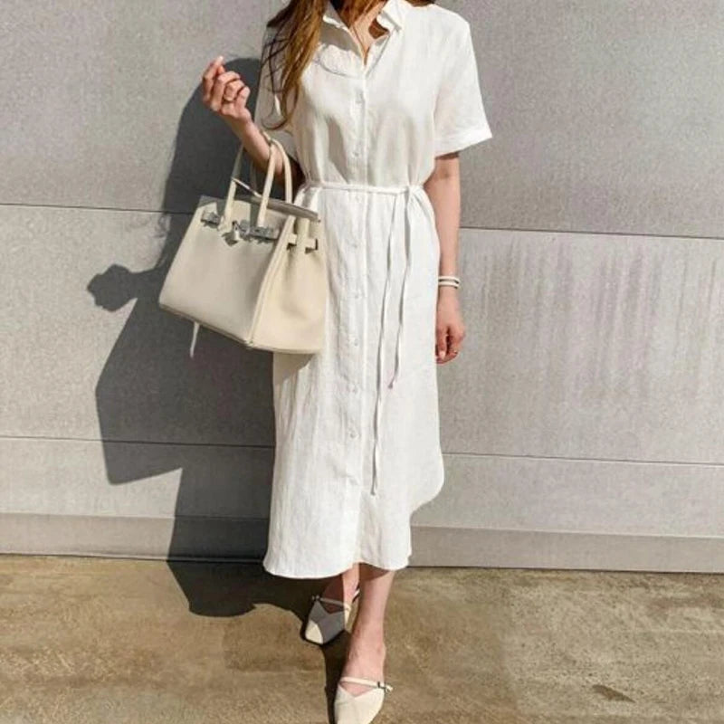 Summer Cotton and Linen Polo Neck Shirt Dress
