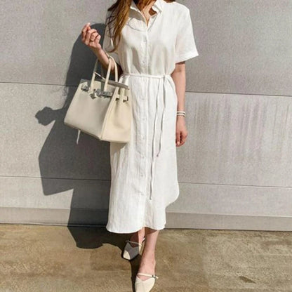 Summer Cotton and Linen Polo Neck Shirt Dress
