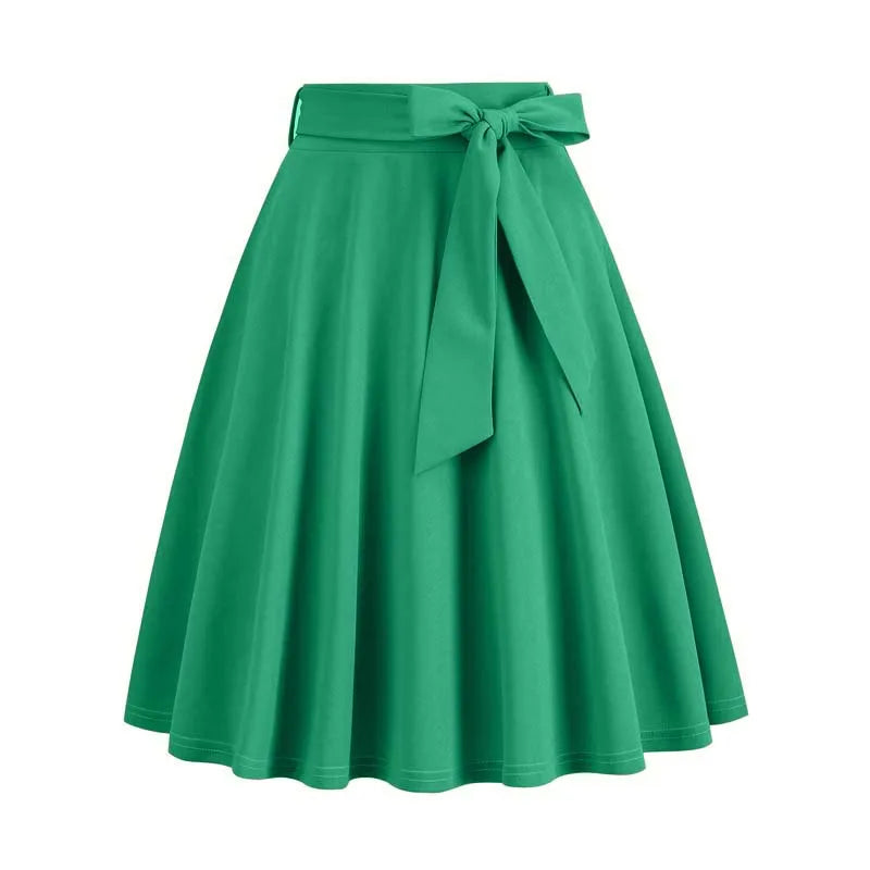 Women Summer Midi Long Skirt Solid Elegant Faldas High Waist A Line 50s Swing Skirts