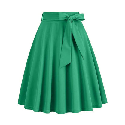 Women Summer Midi Long Skirt Solid Elegant Faldas High Waist A Line 50s Swing Skirts