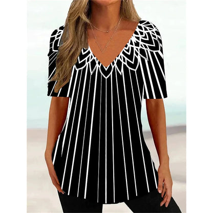 Women's T Shirt Stripe Gradient Relaxed Ladies Clothes Blouse V-Neck Fashion Short Sleeve Tees Female Oversized Sweatshirt Loose