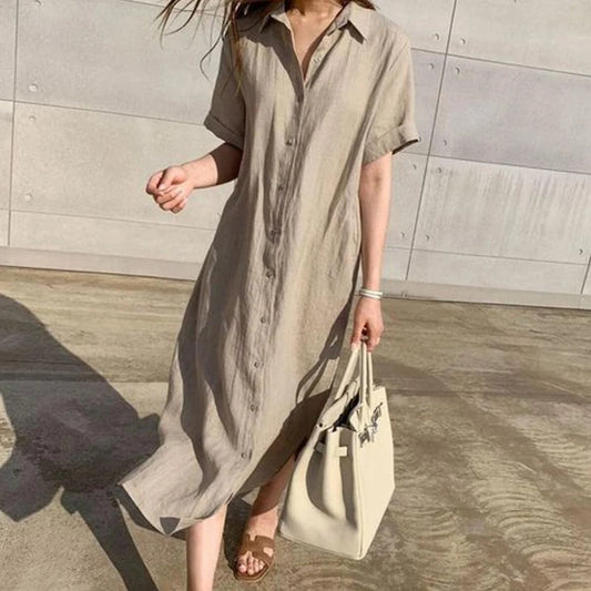 Summer Cotton and Linen Polo Neck Shirt Dress