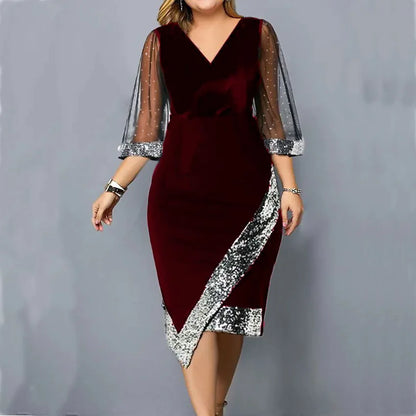 Spring Summer Women's Clothing New Fashion Gold Velvet Irregular Sequin See Through Mesh Women's Five Quarter Sleeve Dress