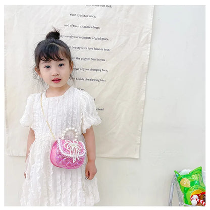 Sweet Cute Bow Children's Shoulder Bag Pearl Handle Baby Girls Small Crossbody Bags Lovely Princess Accessories Purse Handbags