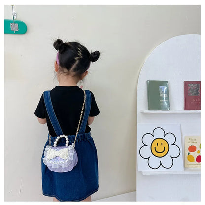 Sweet Cute Bow Children's Shoulder Bag Pearl Handle Baby Girls Small Crossbody Bags Lovely Princess Accessories Purse Handbags