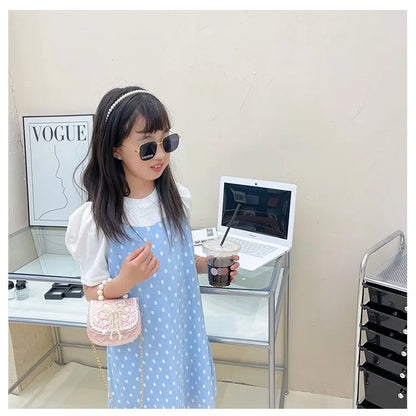 Sweet Cute Bow Children's Shoulder Bag Pearl Handle Baby Girls Small Crossbody Bags Lovely Princess Accessories Purse Handbags