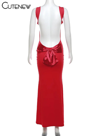 NIBBER Women's Elegant Solid Maxi Dress Sexy Halter Spaghetti Lady Long Dresses Bowknot Lace-up Girl Backless Female Party Robe