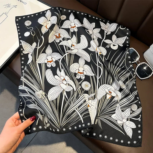 Hot Sale 2025 Brand 100% Silk Scarf Women Neck Hair Foulard Square Headband Hijab Print Poncho Scarves Bandana Fashion 53cm