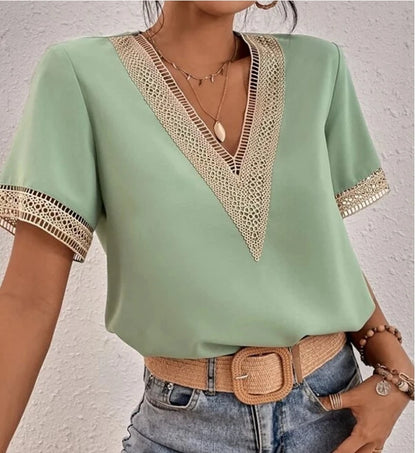Women's Blouses Spring Summer Latest 2025 V-Neck Lace Casual Solid Color Shirt Short Sleeved T-Shirt Loose Fit Top Pullover