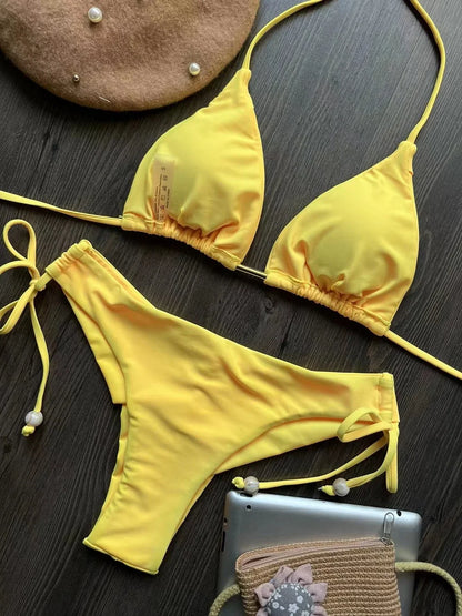 2024 sexy women bikini, brazilian triangle bikini, push-up swimsuit, metal chain beach bikini