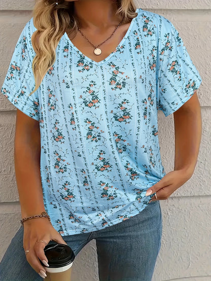 Women's T-Shirt Retro Floralelegant V-Neck Short Sleeve Summer Casual Top Loose Casual Ladies T-Shirt Fashion T-Shirt Clothes