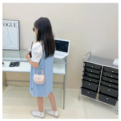 Sweet Cute Bow Children's Shoulder Bag Pearl Handle Baby Girls Small Crossbody Bags Lovely Princess Accessories Purse Handbags