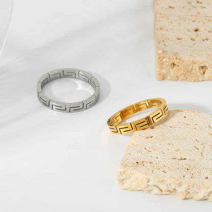 Korean Style Simple Geometric Lattice Stackable Rings 18K Gold Plated Stainless Steel Band Ring Waterproof Jewelry Gift