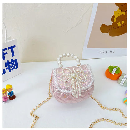 Sweet Cute Bow Children's Shoulder Bag Pearl Handle Baby Girls Small Crossbody Bags Lovely Princess Accessories Purse Handbags