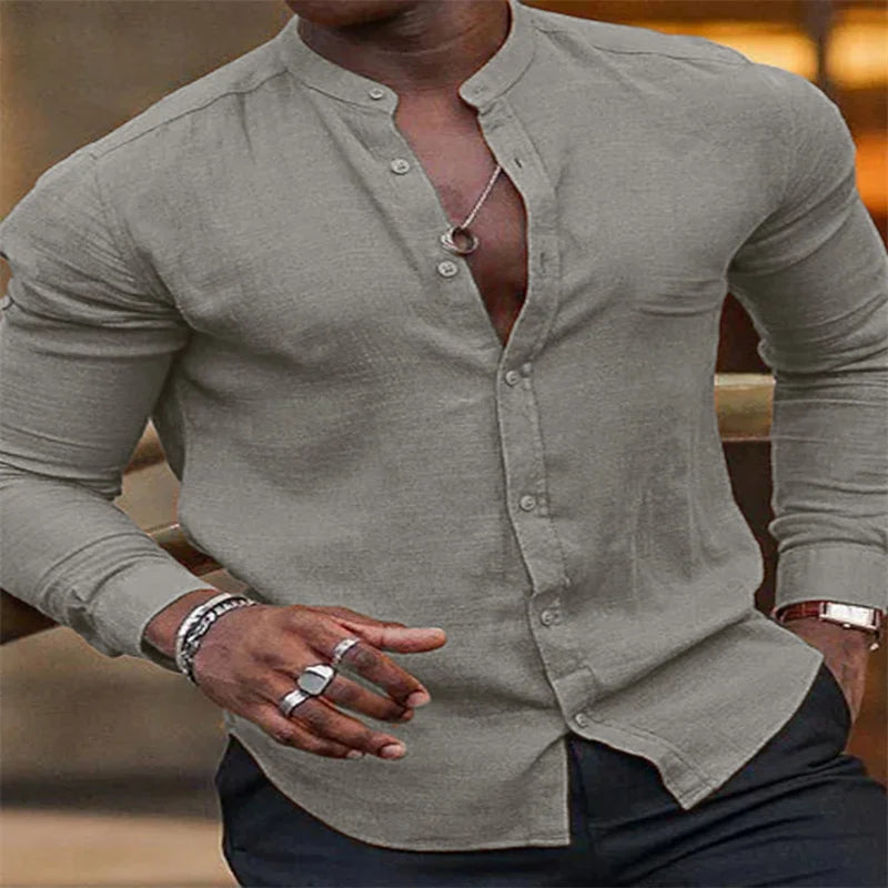 Men's Shirts Summer Shirts Beachwear Button Shirts Stand Collar Shirts Black White Pink Long Sleeve Spring Summer Hawaiian 6XL