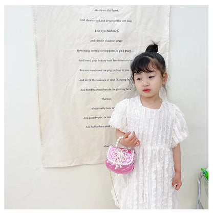 Sweet Cute Bow Children's Shoulder Bag Pearl Handle Baby Girls Small Crossbody Bags Lovely Princess Accessories Purse Handbags