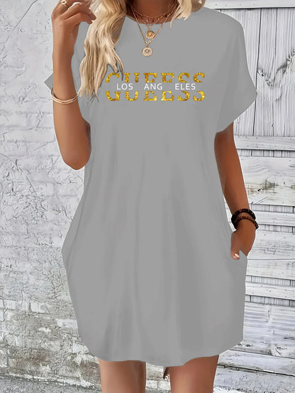 Ladies' summer loose GUEESS Los Angeles letter pattern print round neck short sleeved pocket comfortable casual plus size dress
